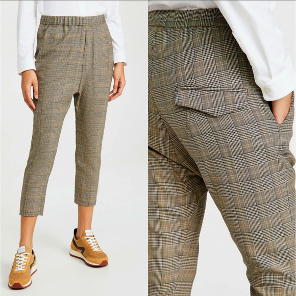 Nili Lotan 6 Paris Pants $495 Plaid Wool Elastic Waist Drawstring Gray Brown NWT